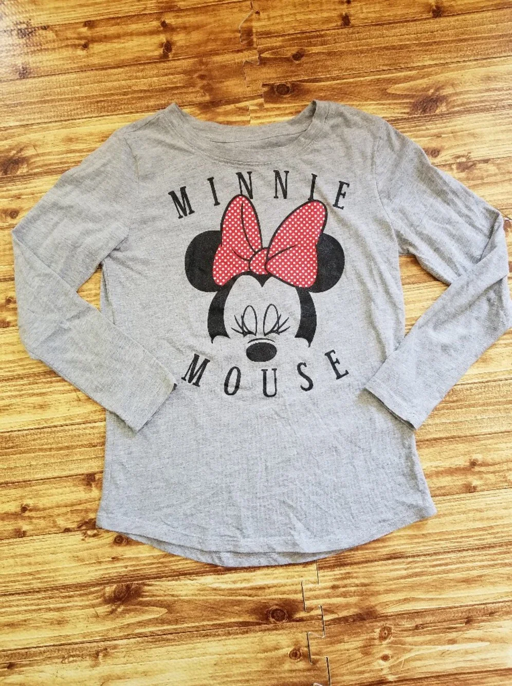 Disney Minnie Mouse Gray Long Sleeve Shirt with Bow Large L Girls 10/12